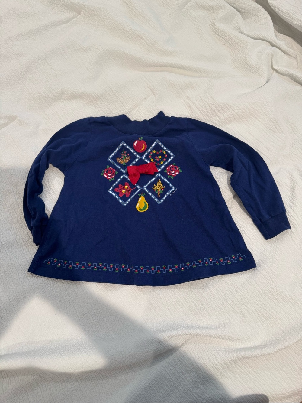 Vintage 90s Girls Navy Long-Sleeve Embroidered Top with Bow